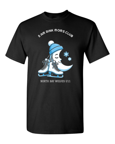 5 AM Rink Moms Club on a black adult tee