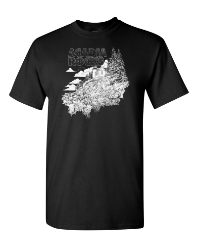 Acadia Rocks on a black adult tee