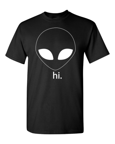 Alien Hi on a black adult tee