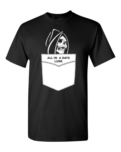All in a Day's Lurk Pocket on a black adult tee