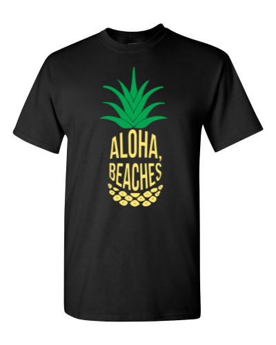 Aloha Beaches on a black adult tee