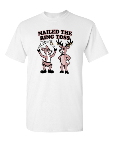 Antler Ring Toss on a white adult tee