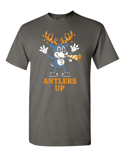 Antlers Up Party Buck on a charcoal adult tee