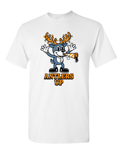 Antlers Up Party Buck on a white adult tee