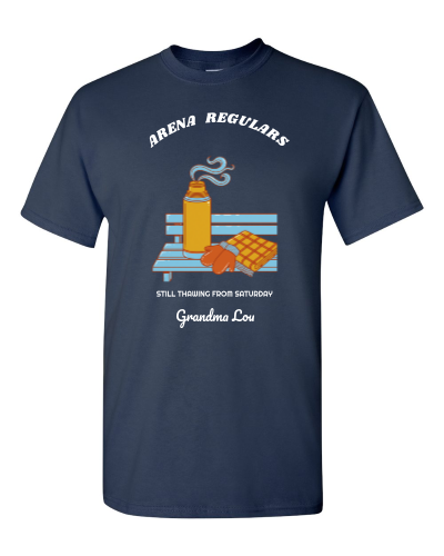 Arena Regulars on a navy adult tee