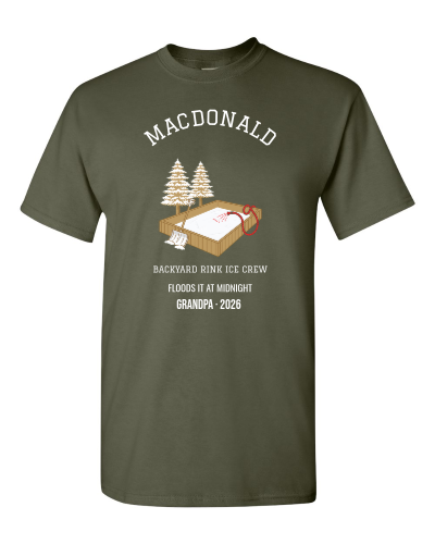Backyard Rink Ice Crew on a military green adult tee