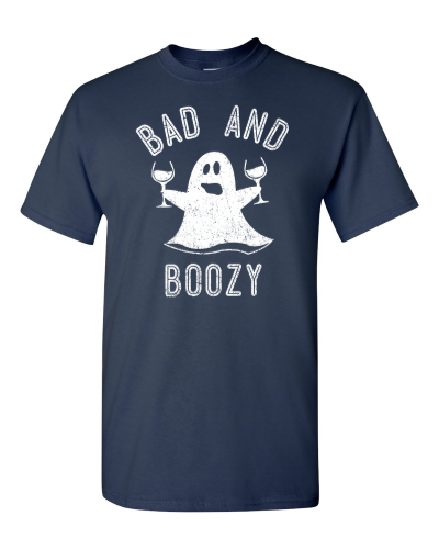 Bad and Boozy on a navy adult tee
