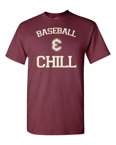 Baseball and Chill on a maroon adult tee