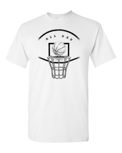 Basketball All Day on a white adult tee