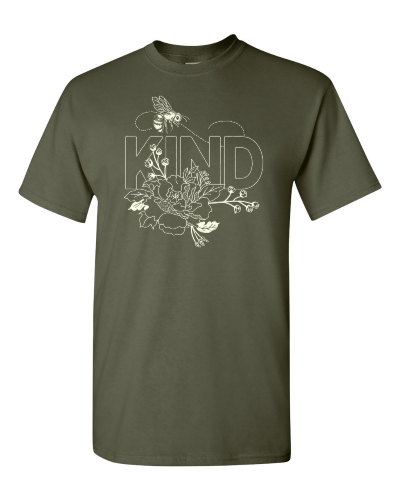 Bee Kind on a military green adult tee