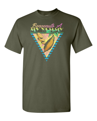 Benvenuto a My Yammy on a military green adult tee