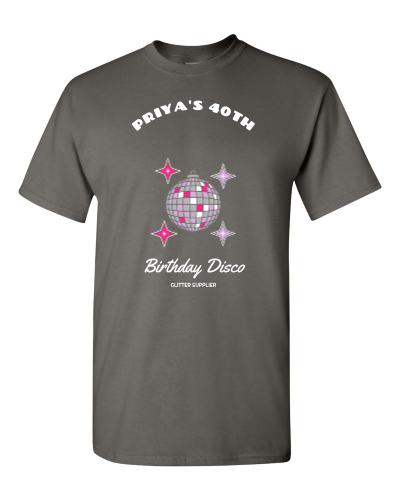 Birthday Disco Crew on a charcoal adult tee