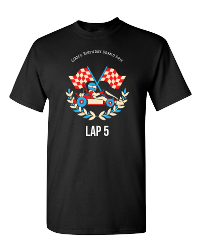 Birthday Grand Prix Crew on a black adult tee