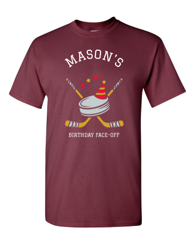 Birthday Hockey Crew on a maroon adult tee