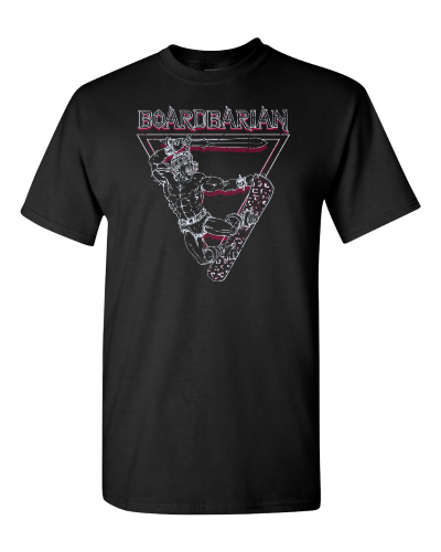 Boardbarian on a black adult tee