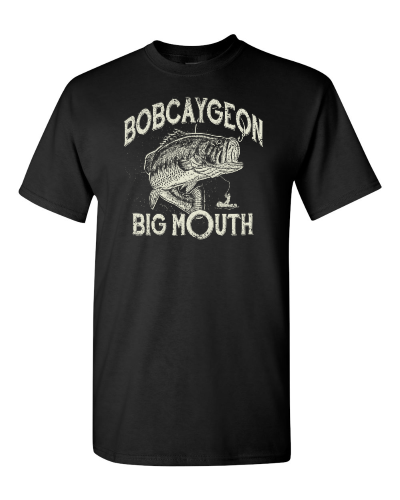 Bobcaygeon Big Mouth on a black adult tee