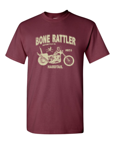 Bone Rattler Motorcycle Co. on a maroon adult tee