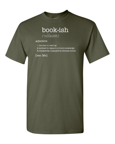 Bookish on a military green adult tee