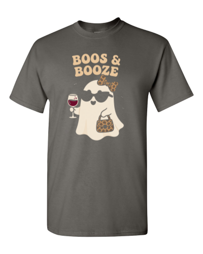 Boos & Booze on a charcoal adult tee