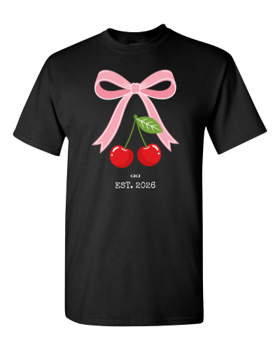 Bow and Cherry Nana, Est. on a black adult tee