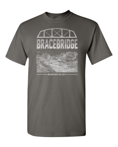 Bracebridge on a charcoal adult tee