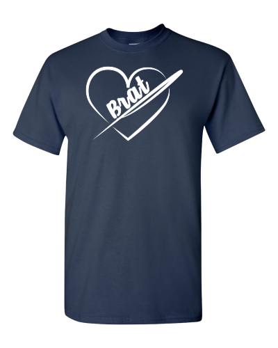 Brat on a navy adult tee