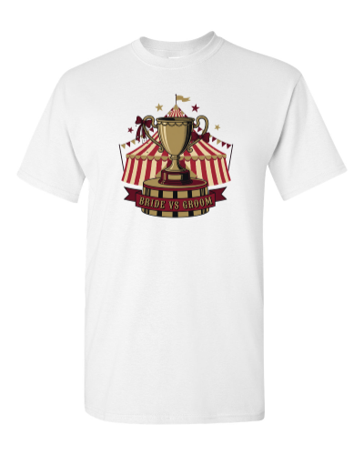 Bride vs Groom Trophy on a white adult tee