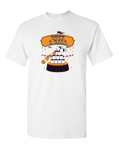 Buck a Ball Can Knockdown on a white adult tee