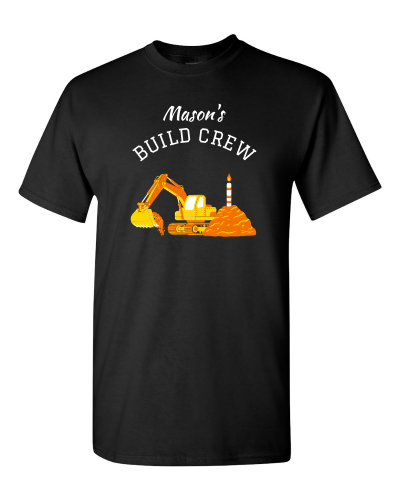 Build Crew Birthday on a black adult tee
