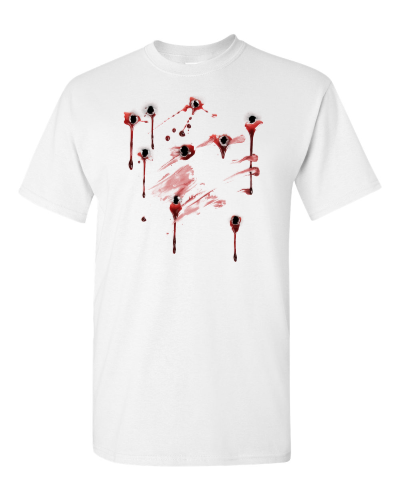 Bullet Holes Costume on a white adult tee