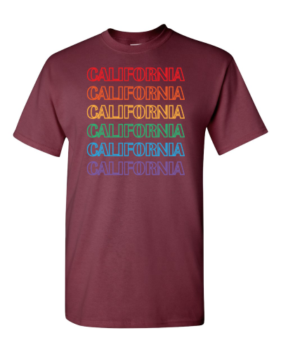 California Rainbow on a maroon adult tee