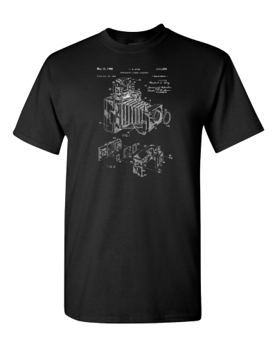Camera Patent on a black adult tee