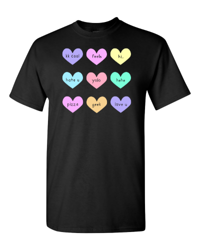 Candy Hearts Texts on a black adult tee