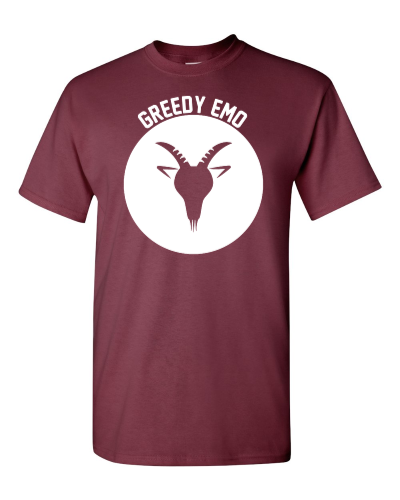Capricorn Greedy Emo on a maroon adult tee
