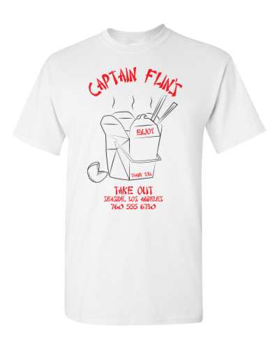 Captain Flin's Takeout on a white adult tee
