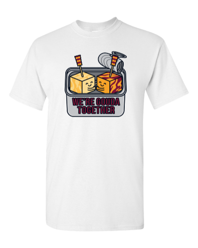 Cheese Cube Sweethearts on a white adult tee