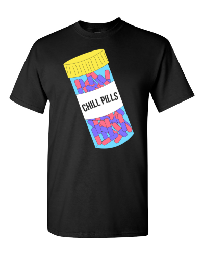 Chill Pills on a black adult tee