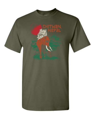 Chitwan on a military green adult tee
