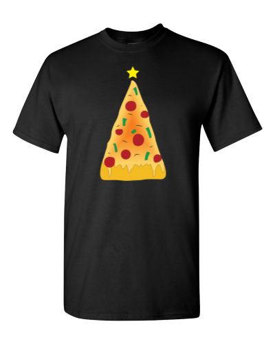 Christmas Pizza Tree on a black adult tee