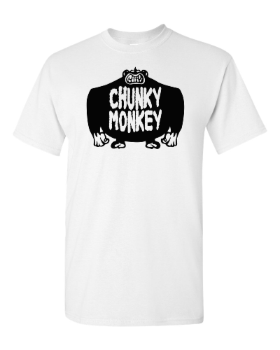 Chunky Monkey on a white adult tee
