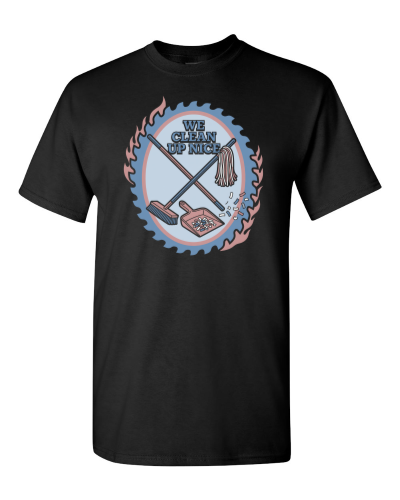 Cleanup Crew Broom and Mop on a black adult tee