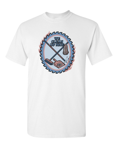 Cleanup Crew Broom and Mop on a white adult tee