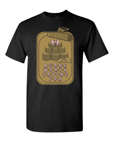 Coin Stack Wedding Cake on a black adult tee