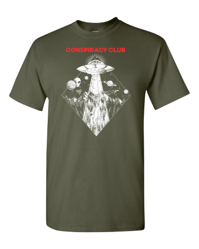 Conspiracy Club on a military green adult tee