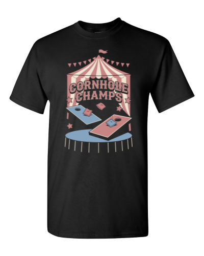 Cornhole Showdown on a black adult tee