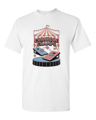 Cornhole Showdown on a white adult tee