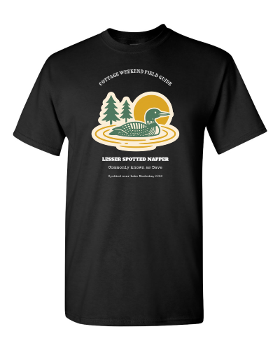 Cottage Crew Field Guide on a black adult tee