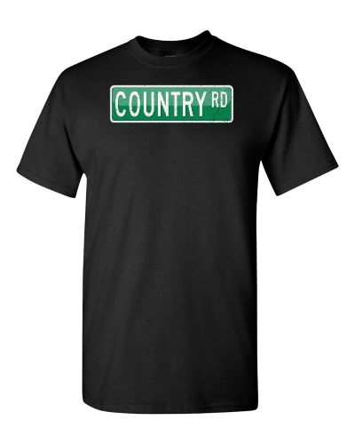 Country Road Sign on a black adult tee
