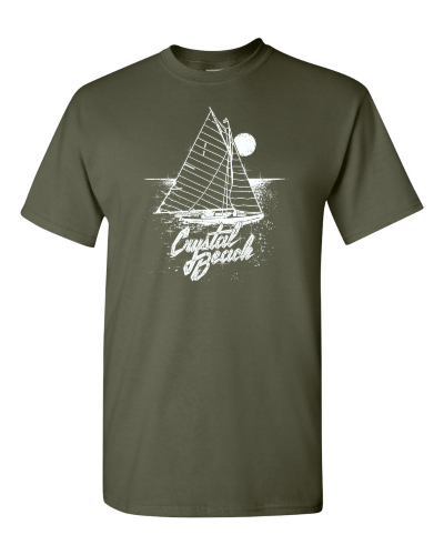 Crystal Beach on a military green adult tee