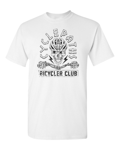 Cyclepaths Bicycle Club on a white adult tee